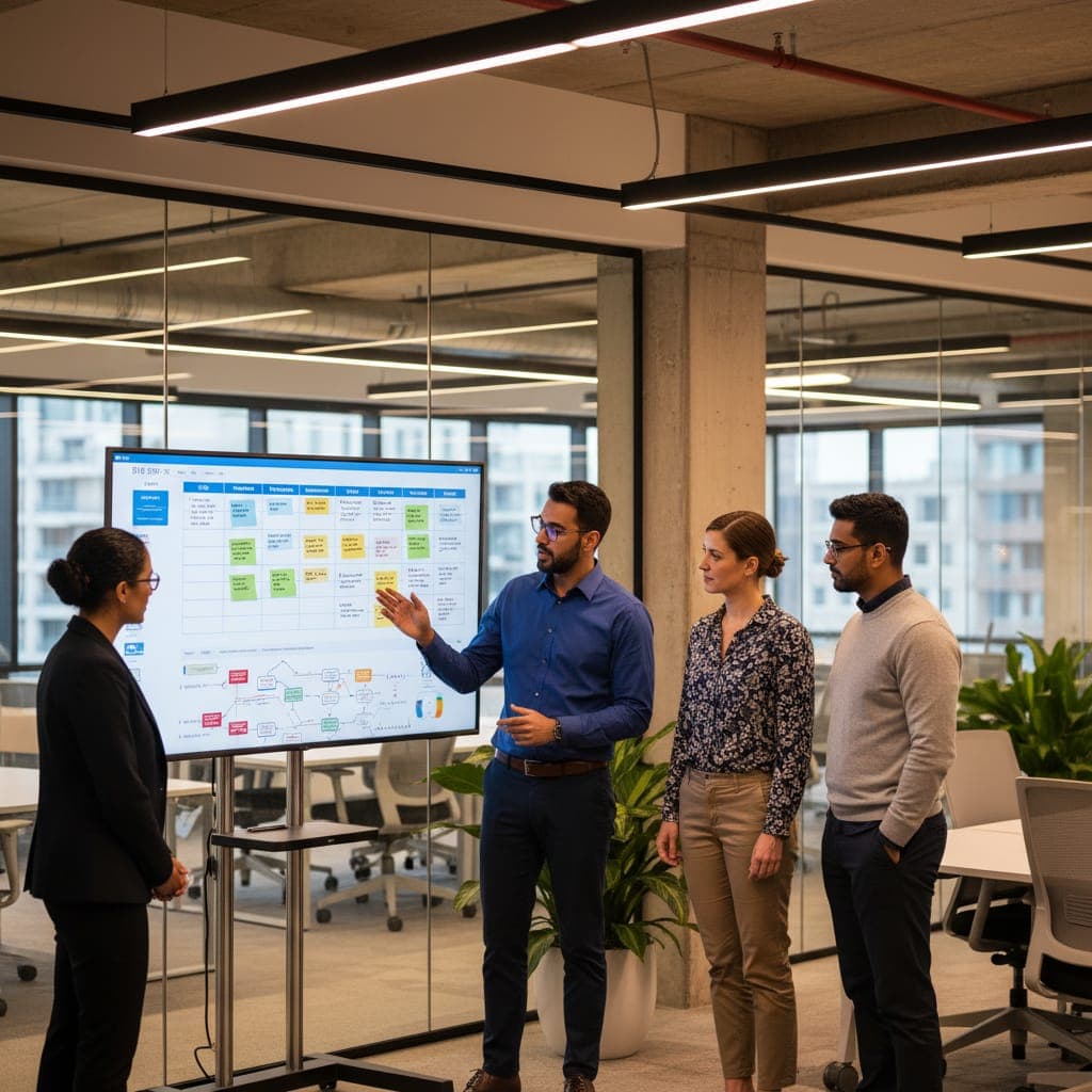 Team members discussing a project board together in an open-plan office.
